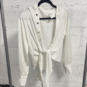 KIKIRIKI - White Long Sleevr Gold Detail Button-Down Women's Top Tie Top SMALL